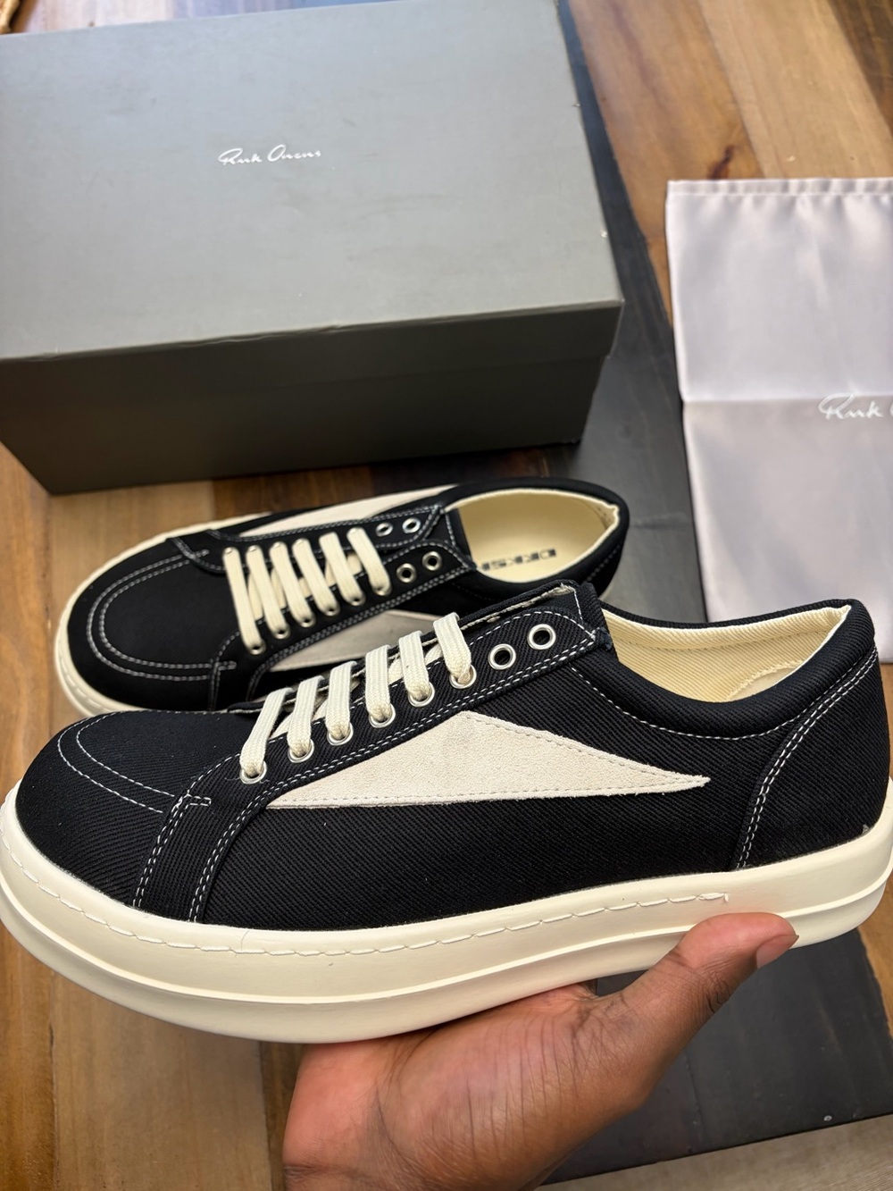 Rick Owens Black Canvas Low-Top Sneakers with Cream Accents